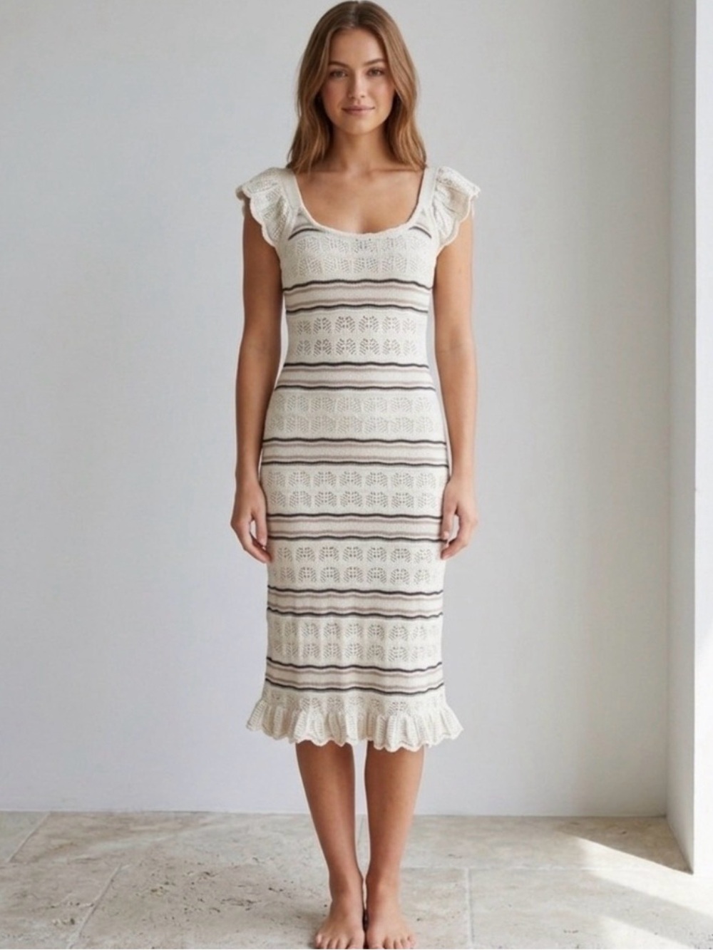 Cream Knit Midi Dress with Black Stripe Detail
